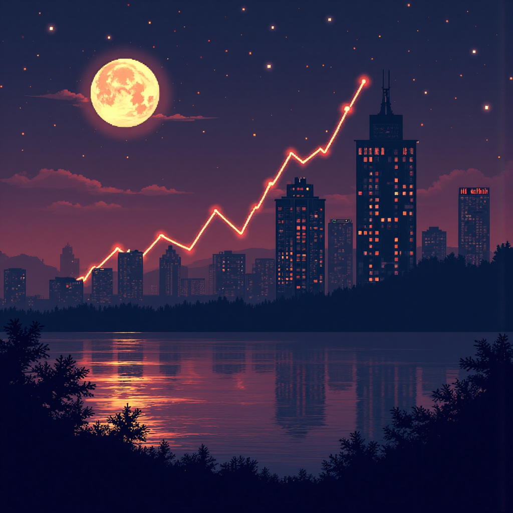 夜晚股市走勢圖，上升趨勢線伴隨星空與月光，散發溫暖光芒