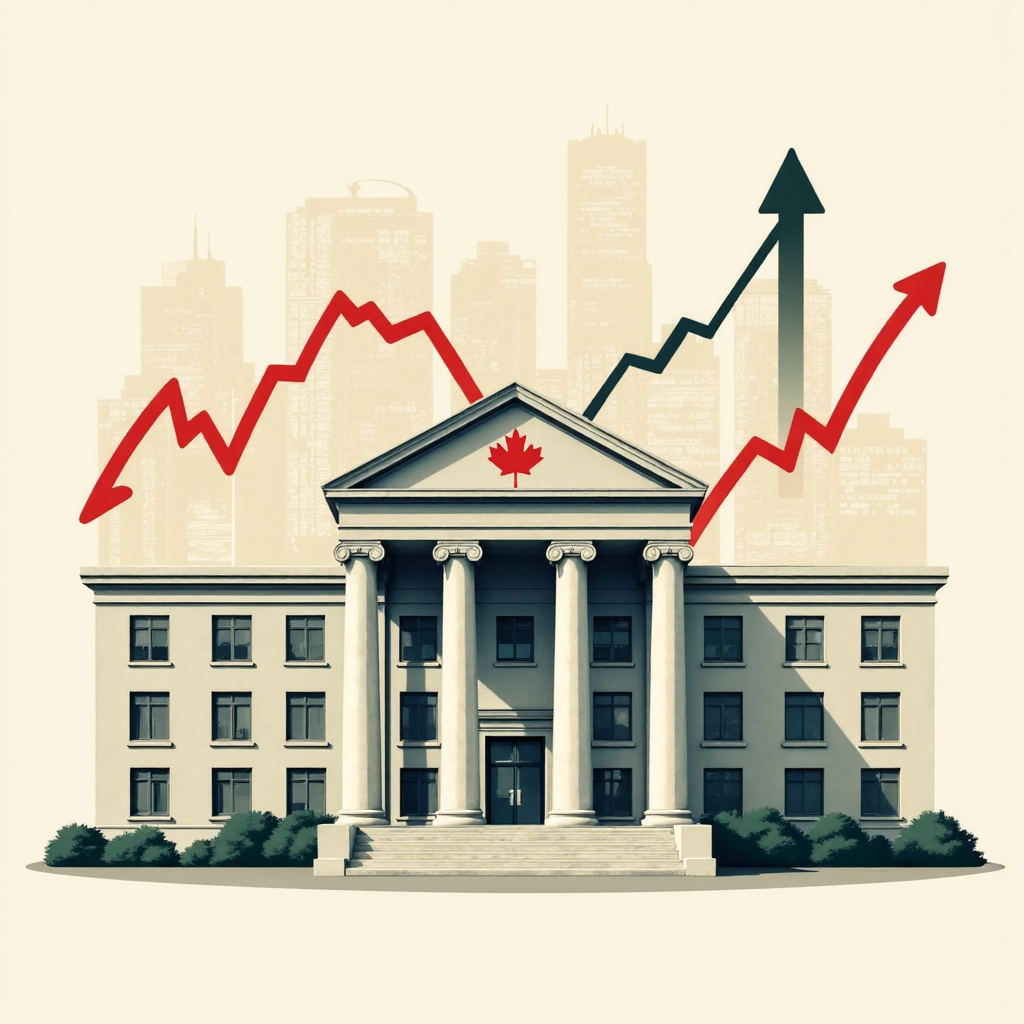 ภาพประกอบอาคารธนาคารกลางแคนาดาแบบพิกเซลอาร์ตพร้อมลูกศรแสดงการปรับอัตราดอกเบี้ยและควบคุมเงินเฟ้อบนพื้นหลังกราฟการเงิน