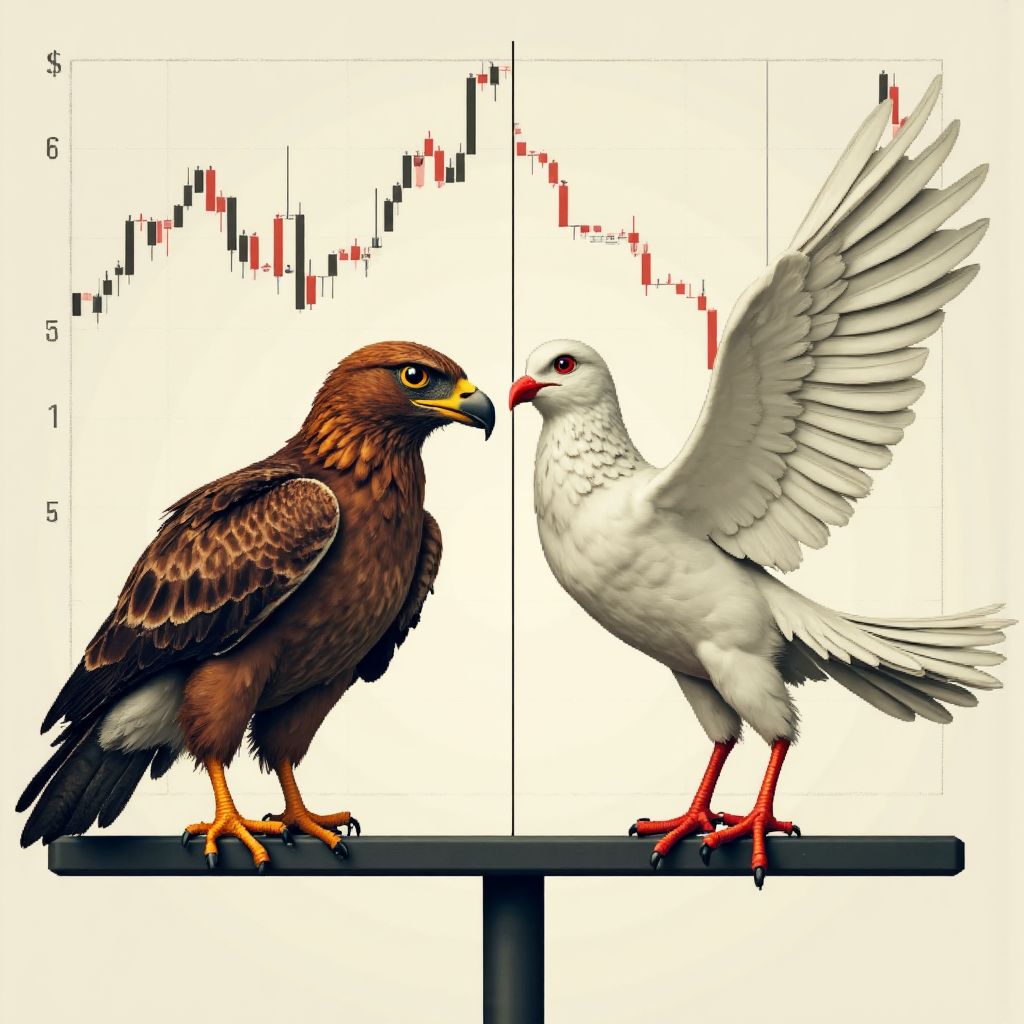 ภาพเปรียบเทียบตัวแทนนโยบายการเงินแนวเหยี่ยวที่เข้มงวดกับนกพิราบแนวอ่อนโยน ท่ามกลางตัวชี้วัดเศรษฐกิจนามธรรม สไตล์พิกเซลอาร์ตสมัยใหม่