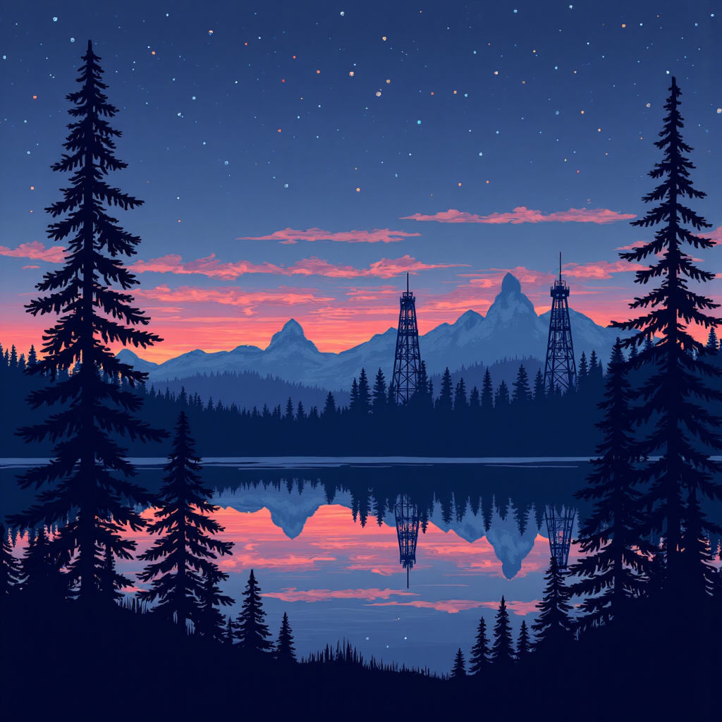 ภาพประกอบแท่นขุดเจาะน้ำมันและป่าเขียวขจีของแคนาดาใต้ท้องฟ้ายามค่ำคืนที่บ่งบอกถึงปัจจัยทางเศรษฐกิจและทรัพยากรธรรมชาติที่ส่งผลต่อมูลค่าดอลลาร์แคนาดา