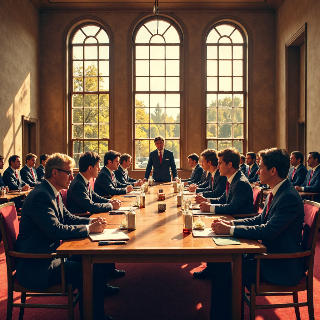 ภาพวาดสไตล์วินเทจของตัวแทนในชุดสูทล้อมโต๊ะประชุมใหญ่ในห้องโถงใหญ่ที่เบรตตัน วูดส์ แสงแดดส่องผ่านหน้าต่างโค้ง สร้างบรรยากาศแห่งความร่วมมือระดับโลกและการตัดสินใจทางประวัติศาสตร์
