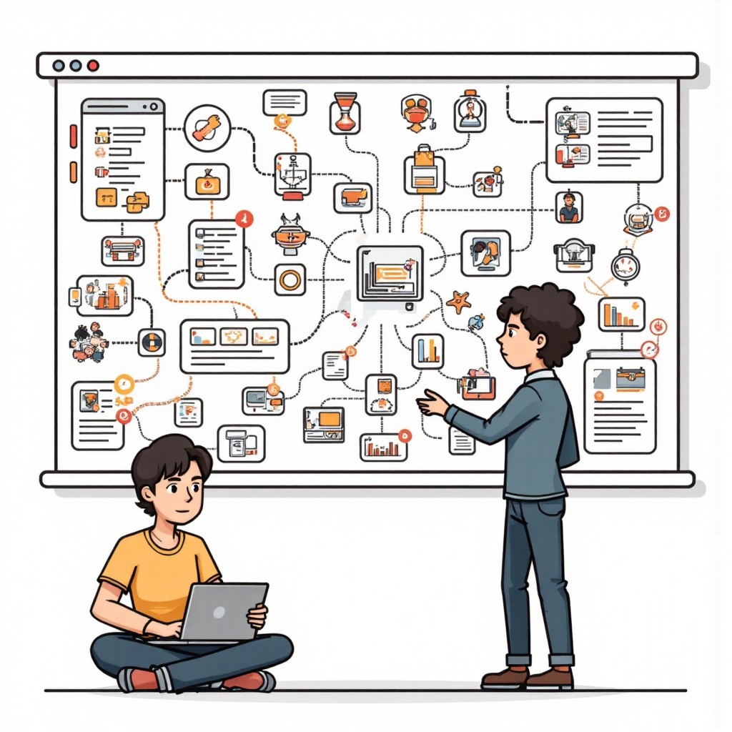 使用者與代表搜尋意圖的心智圖互動的像素藝術插圖,包含隱藏需求與詳細查詢的多樣圖示,展現現代像素遊戲風格