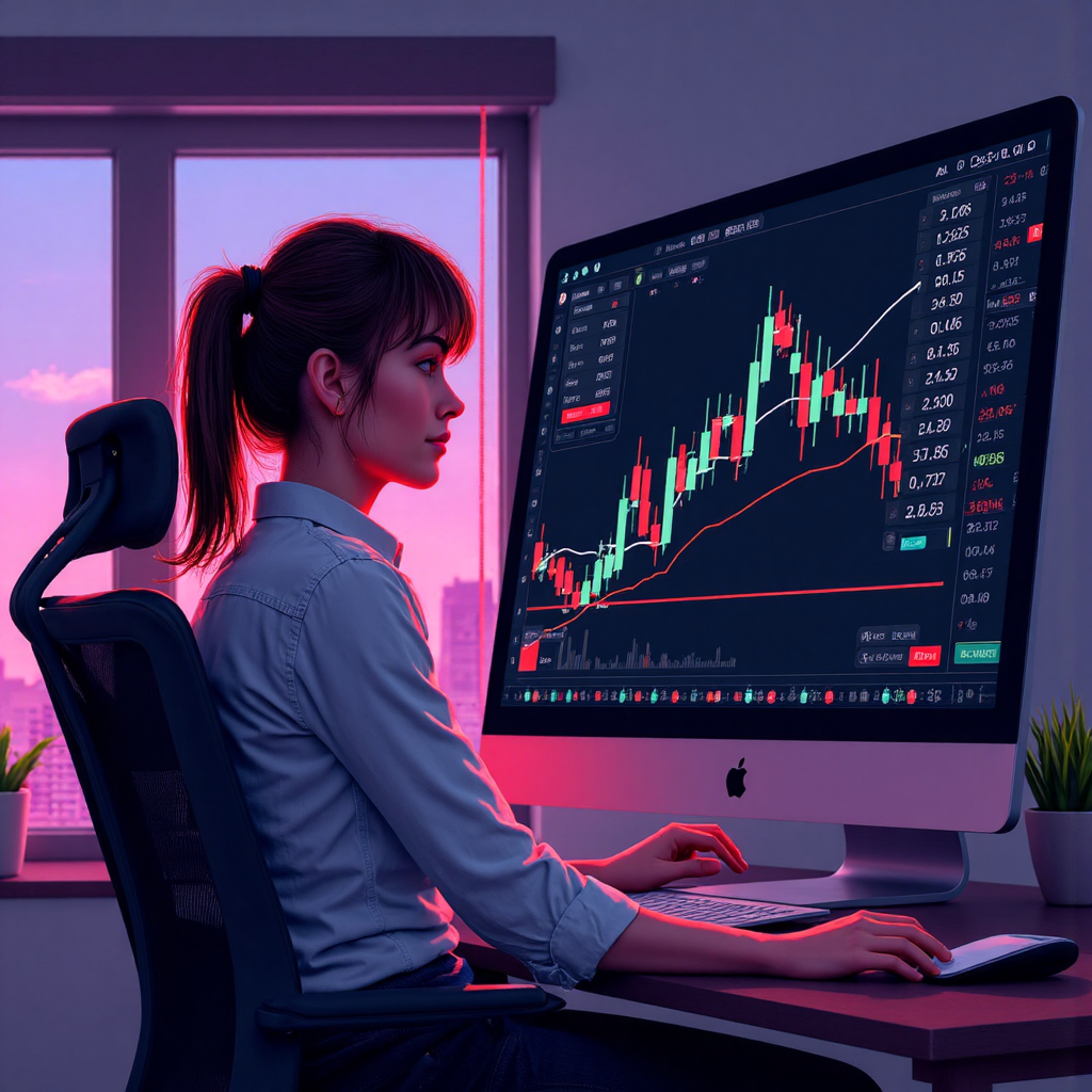 An exciting illustration depicting a trader observing a bullish engulfing candlestick pattern on a dynamic chart with upward trending arrows and a confident expression the scene is illuminated by the vibrant glow of trading data