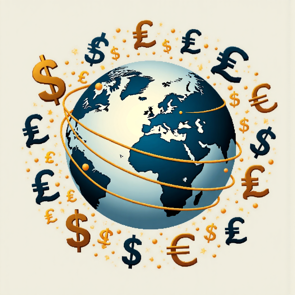 stylized illustration of abstract currency symbols swirling around a central globe representing the interconnectedness of the forex market soft blue and gold tones