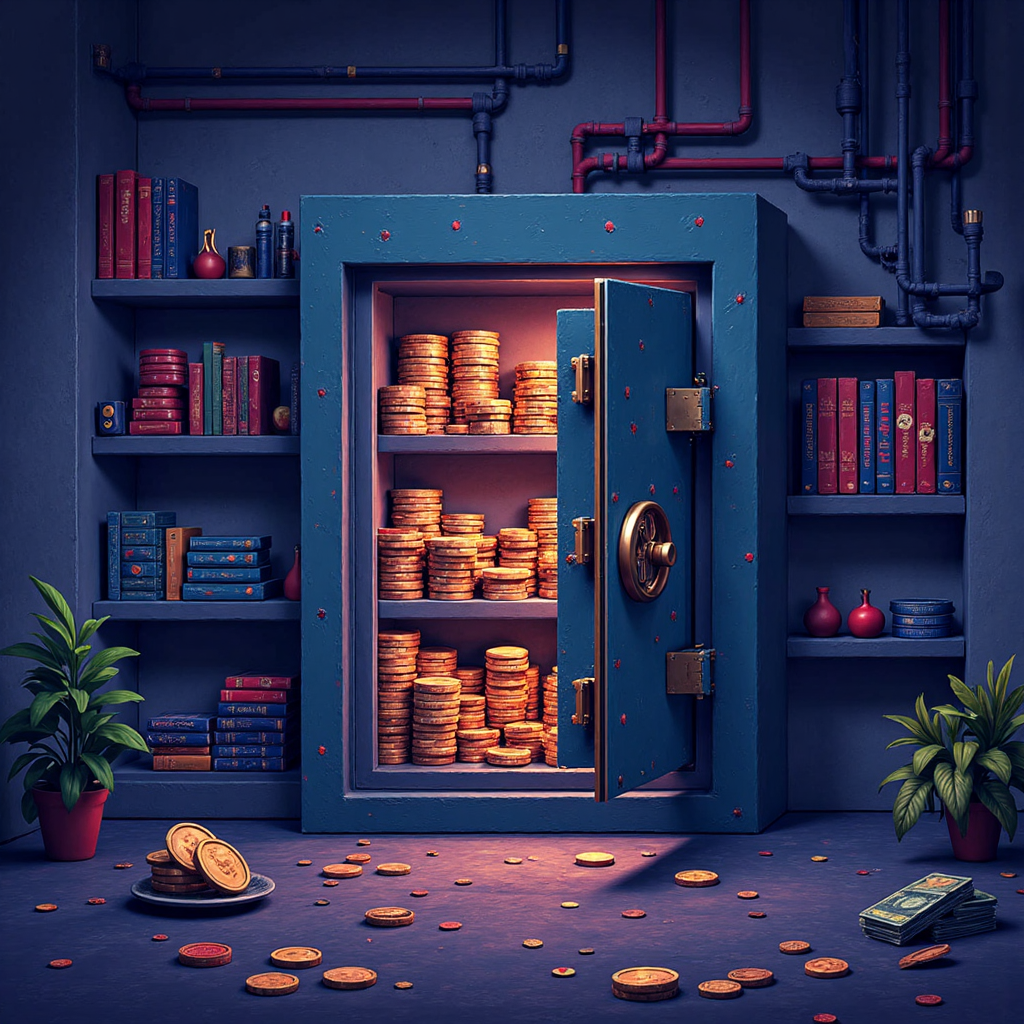 充滿數位貨幣與全球市場數據的保險庫像素藝術插圖，象徵穩健風險管理策略