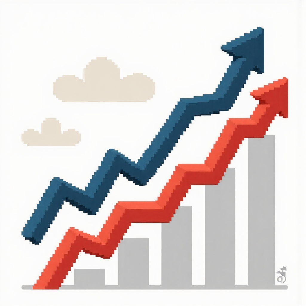 金融市場圖表與抽象上下箭頭，描繪市場波動的像素藝術風格插圖