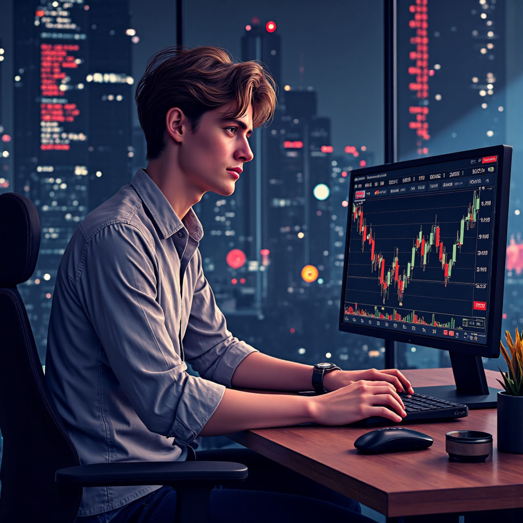 a financial trader looking concerned at a laptop screen displaying a stock chart with a prominent death cross pattern with subtle hints of bitcoin and thai baht symbols in the background indicating the interconnectedness of financial markets
