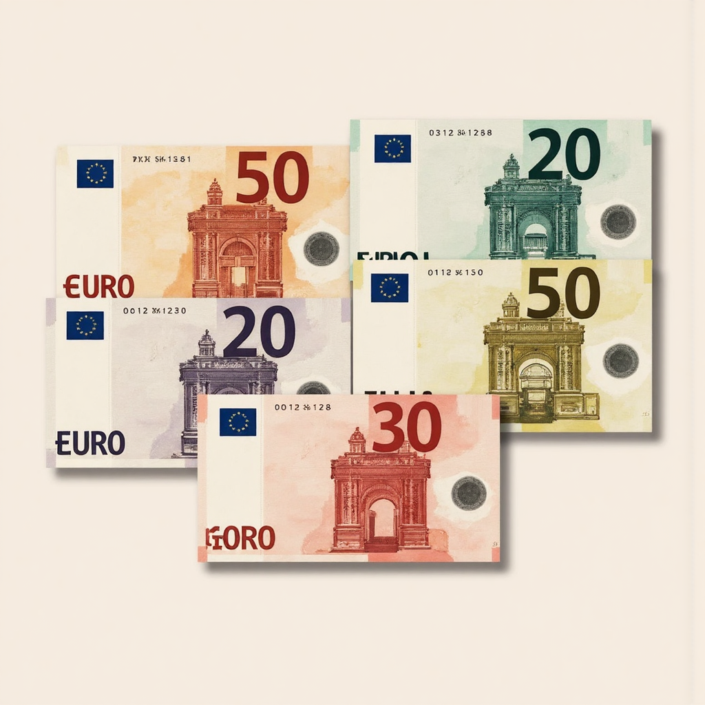 ภาพประกอบธนบัตรยูโรหลากหลายรุ่นพร้อมคุณสมบัติป้องกันการปลอมแปลง เช่น ลายน้ำและแถบความปลอดภัยในโทนสีพาสเทลอ่อนๆ