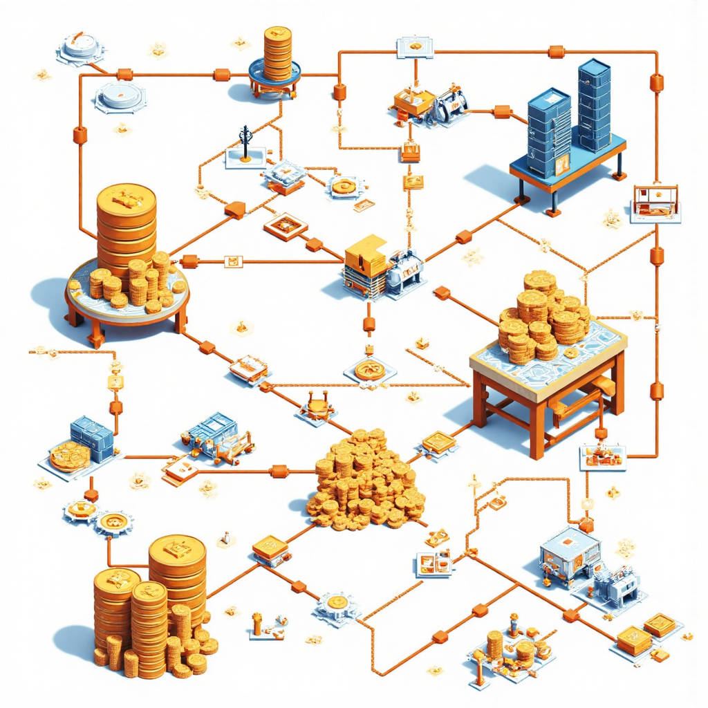 像素藝術風格的流程圖，展示合約與交易轉化為金幣與原油桶等實物資產，採用明亮幾何藝術設計