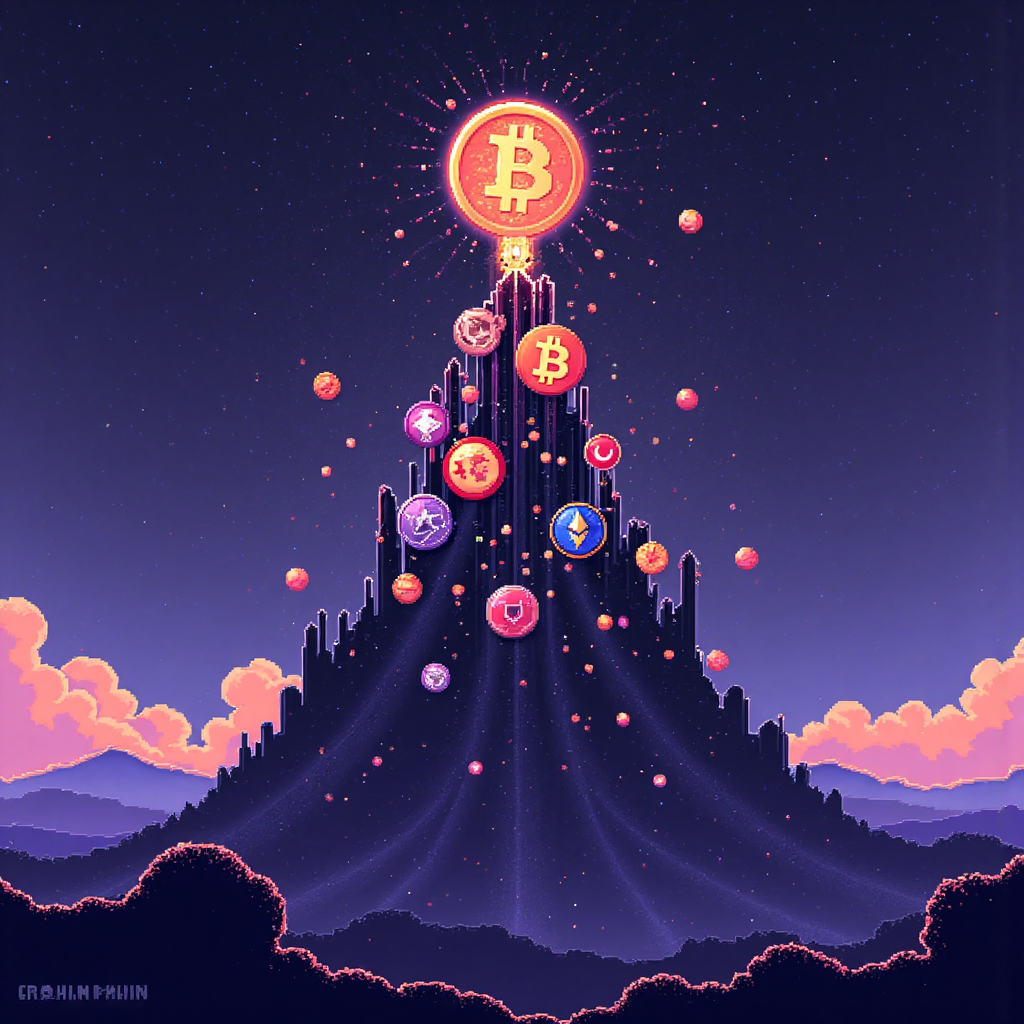 A stylized digital art scene depicting various cryptocurrencies like Bitcoin and Ethereum forming a peak against a nebula backdrop with abstract data streams flowing upward signifying new all-time highs