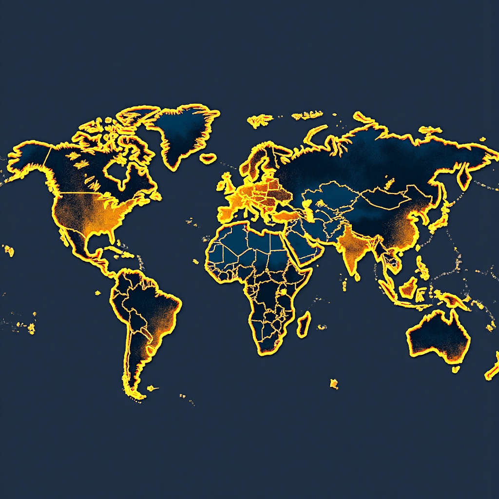 全球地圖顯示金價走勢圖，從主要金融中心向外擴散，強調上升趨勢並帶有地緣政治緊張的背景