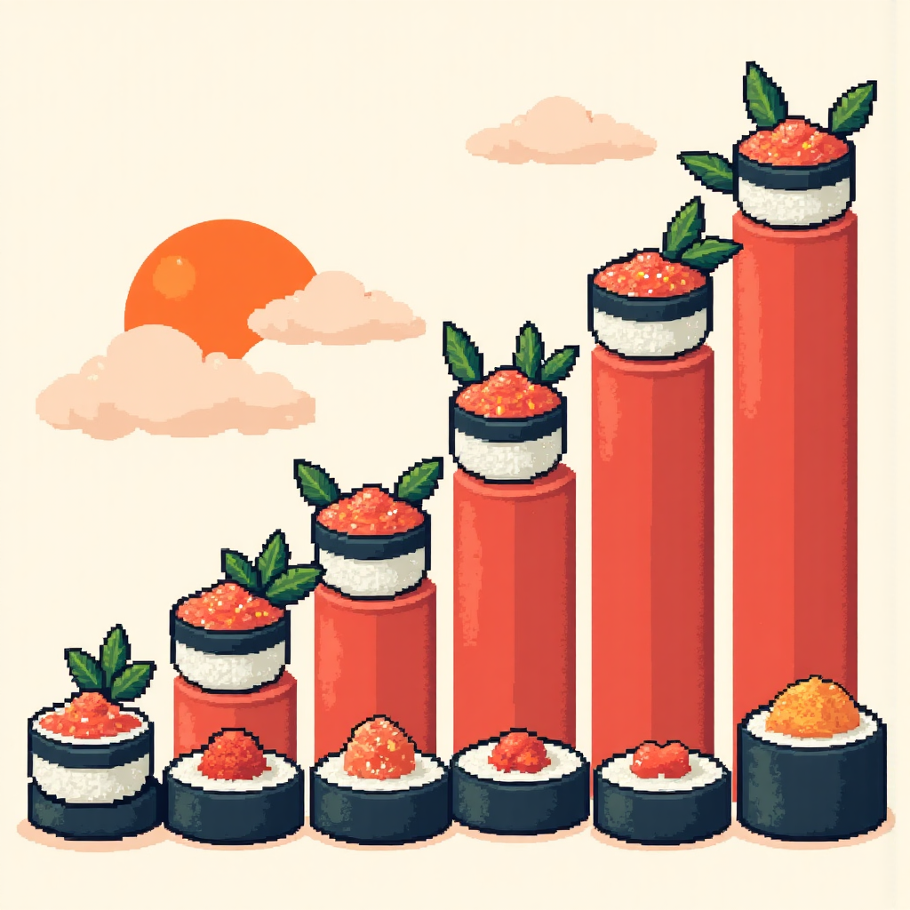Illustration of Japanese stock market upward trend with rising Nikkei 225 chart and subtle sushi motifs in a bright cheerful color palette