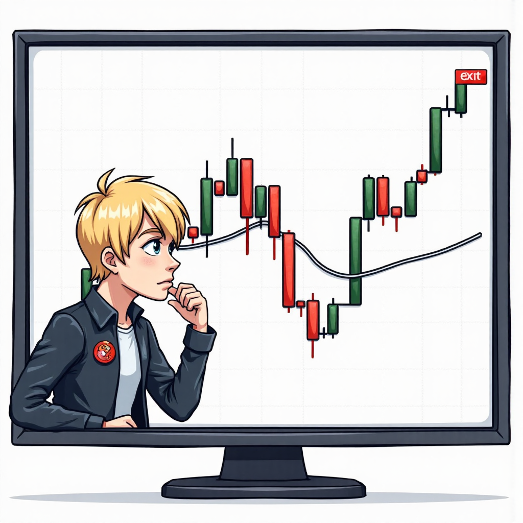 An illustration of a trader thoughtfully analyzing a trading chart displaying a rising wedge pattern with clear entry and exit points marked on the trendlines