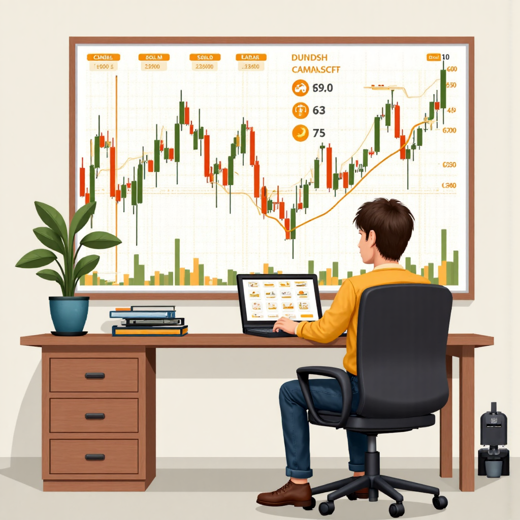 illustration of a curious beginner investor studying a complex but simplified gold market chart overlaid with interest rates and currency symbols in a clean modern studio