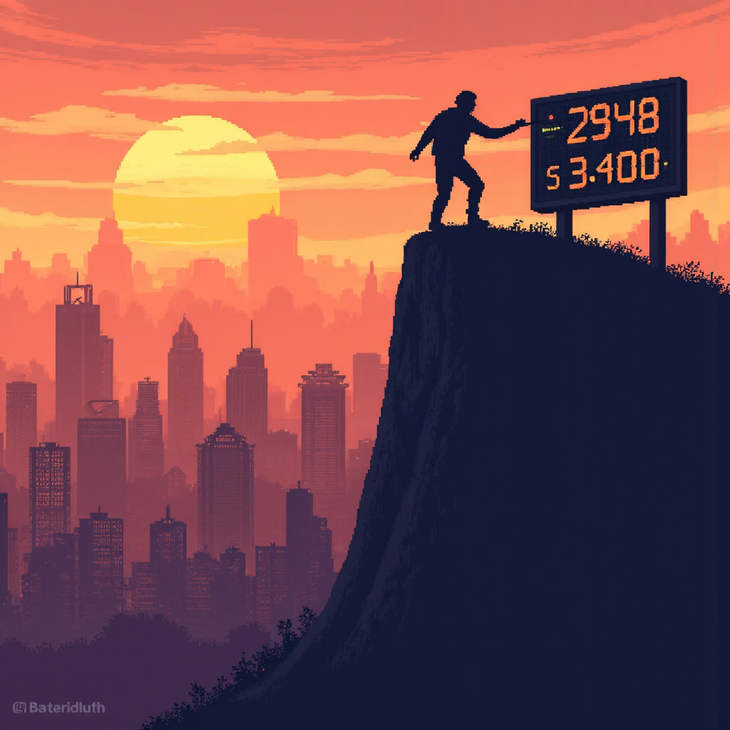 小道瓊工業平均指數股票市場爬山圖像，城市天際線與日出背景，溫暖色調