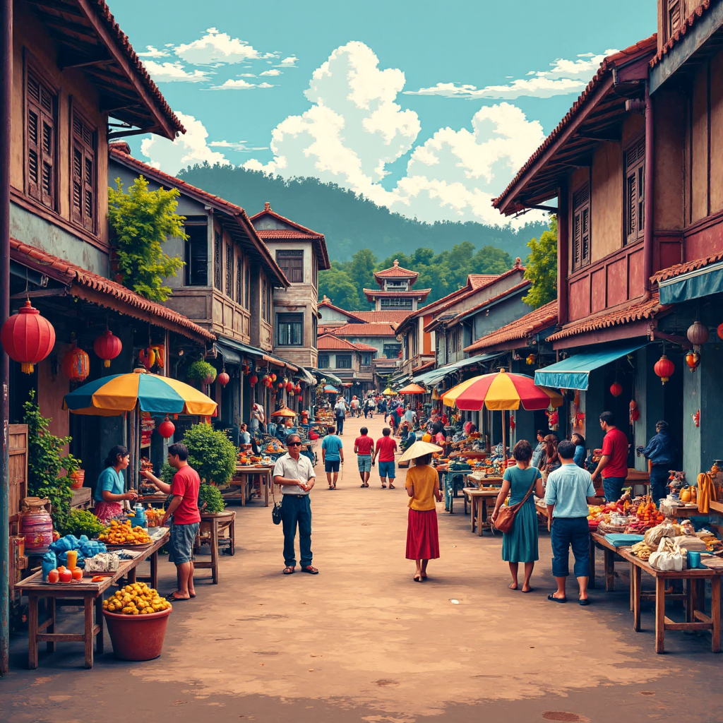A vibrant illustration depicting a bustling ancient Thai marketplace with vendors and customers exchanging goods for old currency creating a lively and colorful atmosphere