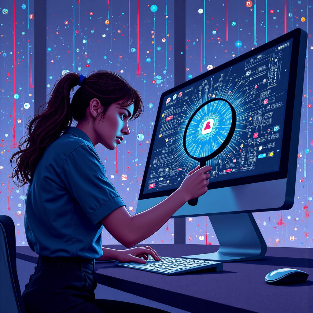 數位策略師使用放大鏡檢查複雜網路連接的像素藝術插圖,象徵信任驗證與動態安全調整的現代抽象數位景觀