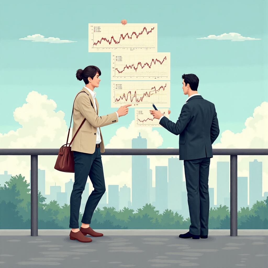 台灣商人和旅客觀察貨幣趨勢圖表的像素藝術,背景為城市天際線,象徵匯率對個人與企業的影響