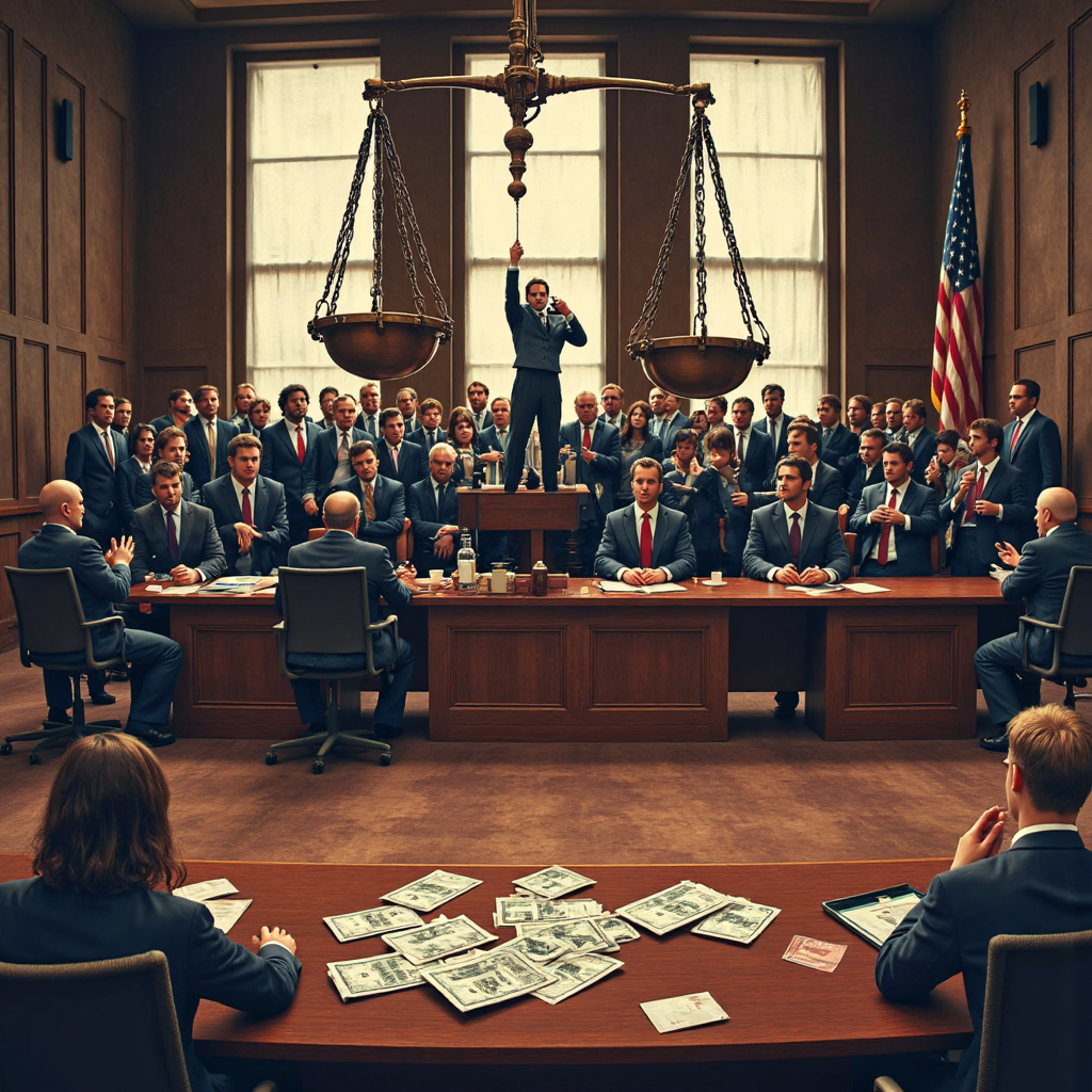 an artistic rendering of a courtroom scene with scales of justice tilted precariously above obscured figures representing enron executives and auditors surrounded by scattered financial documents and shadows