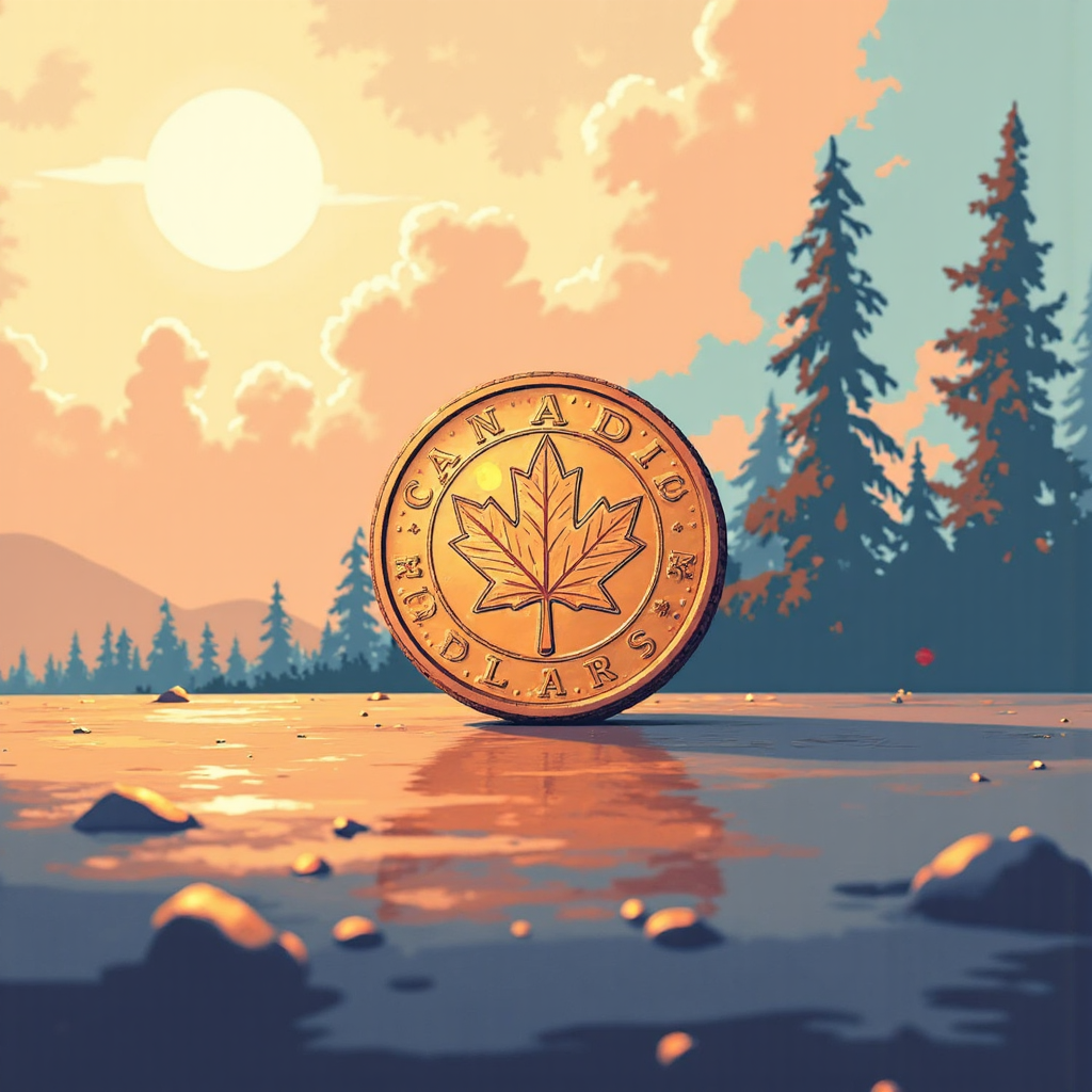 ภาพประกอบเหรียญดอลลาร์แคนาดาแบบพิกเซลอาร์ตพร้อมใบเมเปิ้ลที่สะท้อนความผันผวนตลาดและเสถียรภาพเศรษฐกิจ