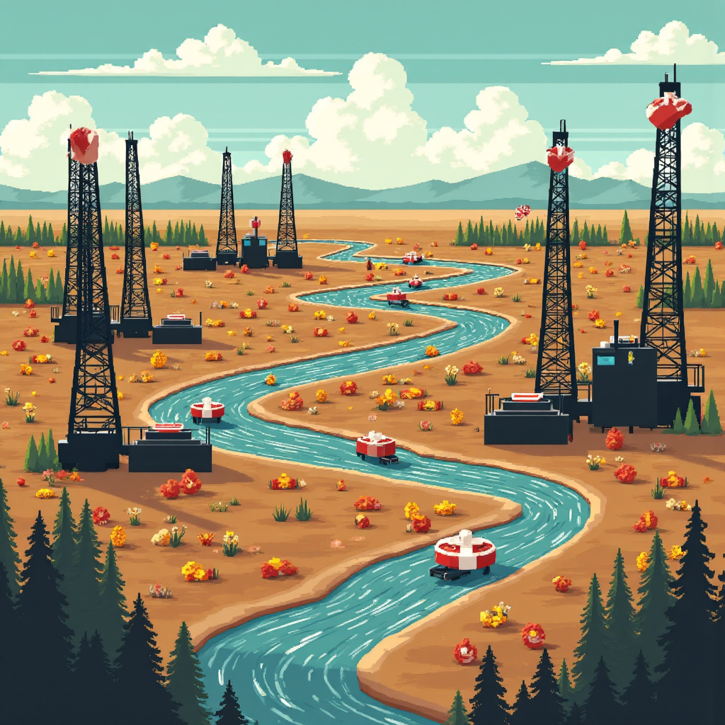 ภาพประกอบทุ่นน้ำมันแคนาดาแบบพิกเซลอาร์ตที่เชื่อมโยงกับสัญลักษณ์ CAD และการจับมือระหว่างธงแคนาดากับสหรัฐฯ สื่อถึงความสัมพันธ์ทางการค้า