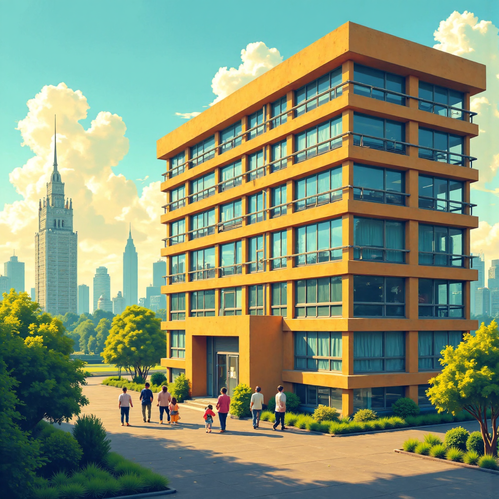 A charming illustration of Thai investors happily receiving cash and stock dividends from a prosperous company building bathed in warm golden light with clear blue skies