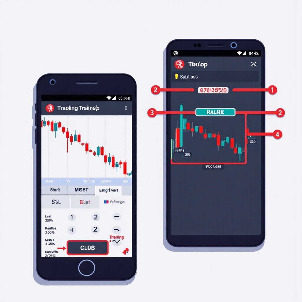A visual representation of a trader using trailing stop on a mobile device showing a profitable trade with an alert for a stop loss being adjusted
