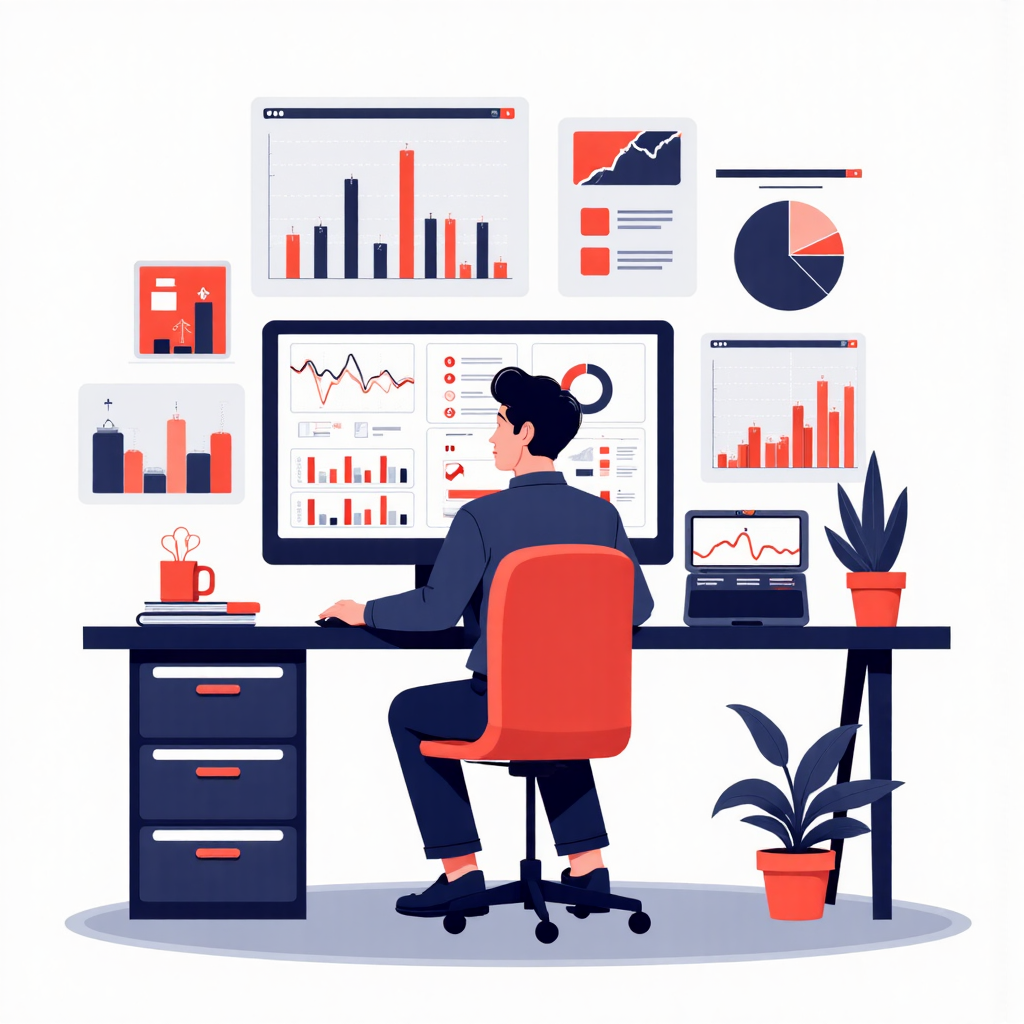 像素藝術風格的數據分析師周圍浮動各種圖表，如長條圖、折線圖和圓餅圖，象徵數據探索與理解