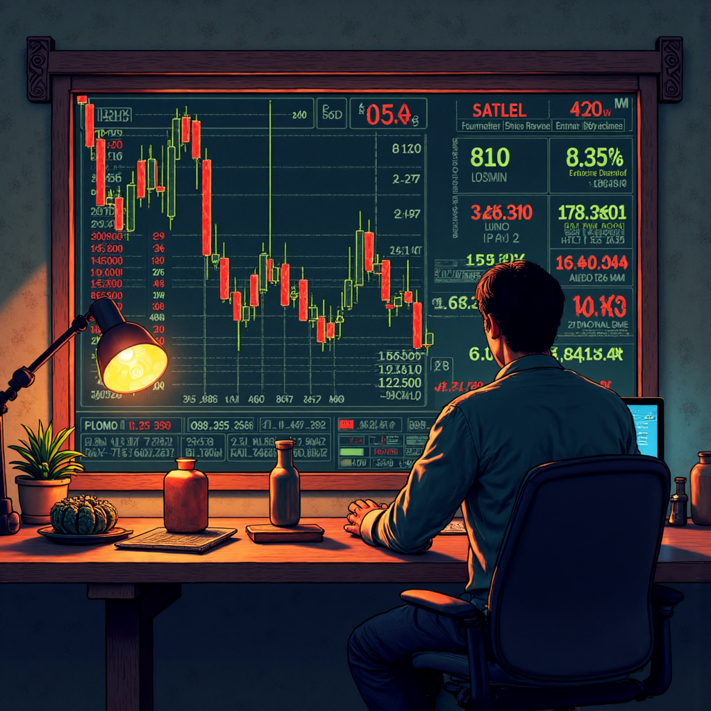 交易員在股票圖表上放置限價單的像素藝術插圖,融合金融數據流與佛教寺廟元素