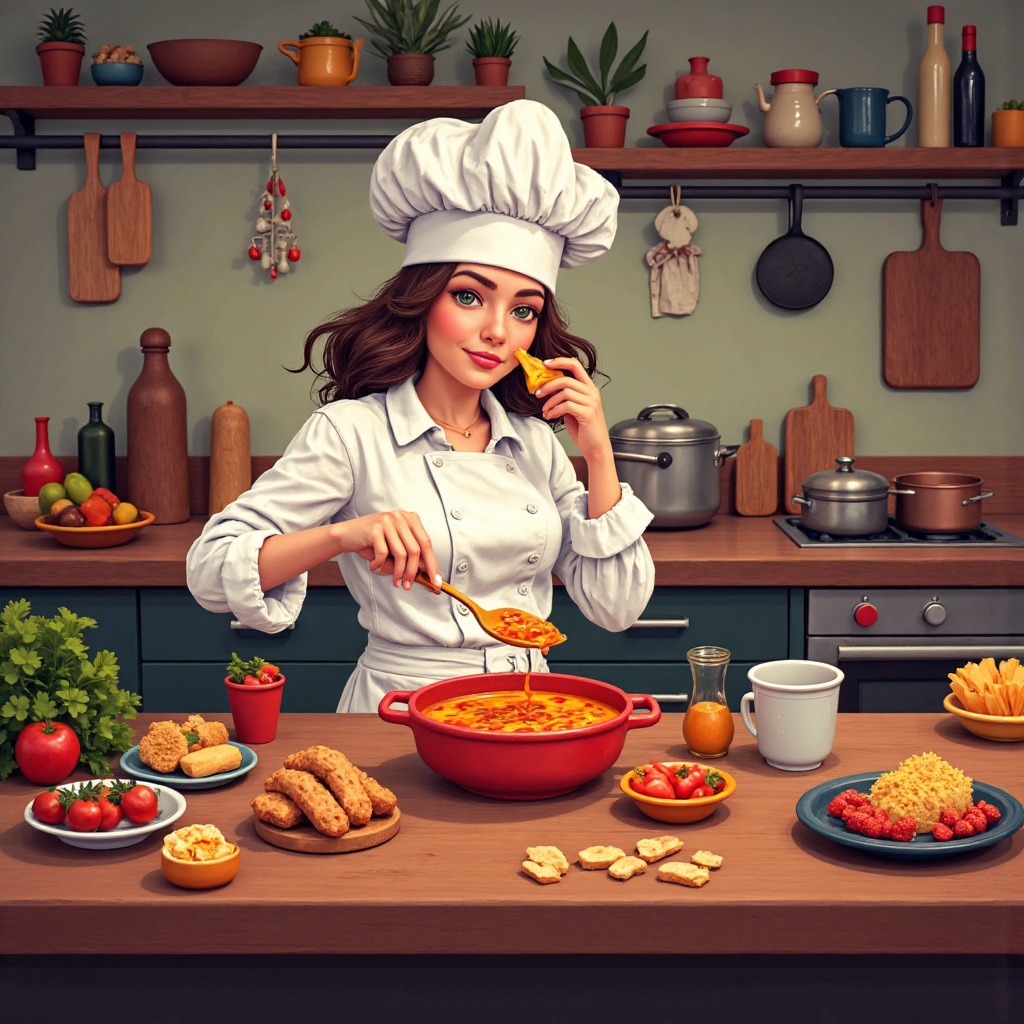 a whimsical illustration of a chef meticulously tasting a colorful soup in a cozy bustling kitchen atmosphere with warm lighting