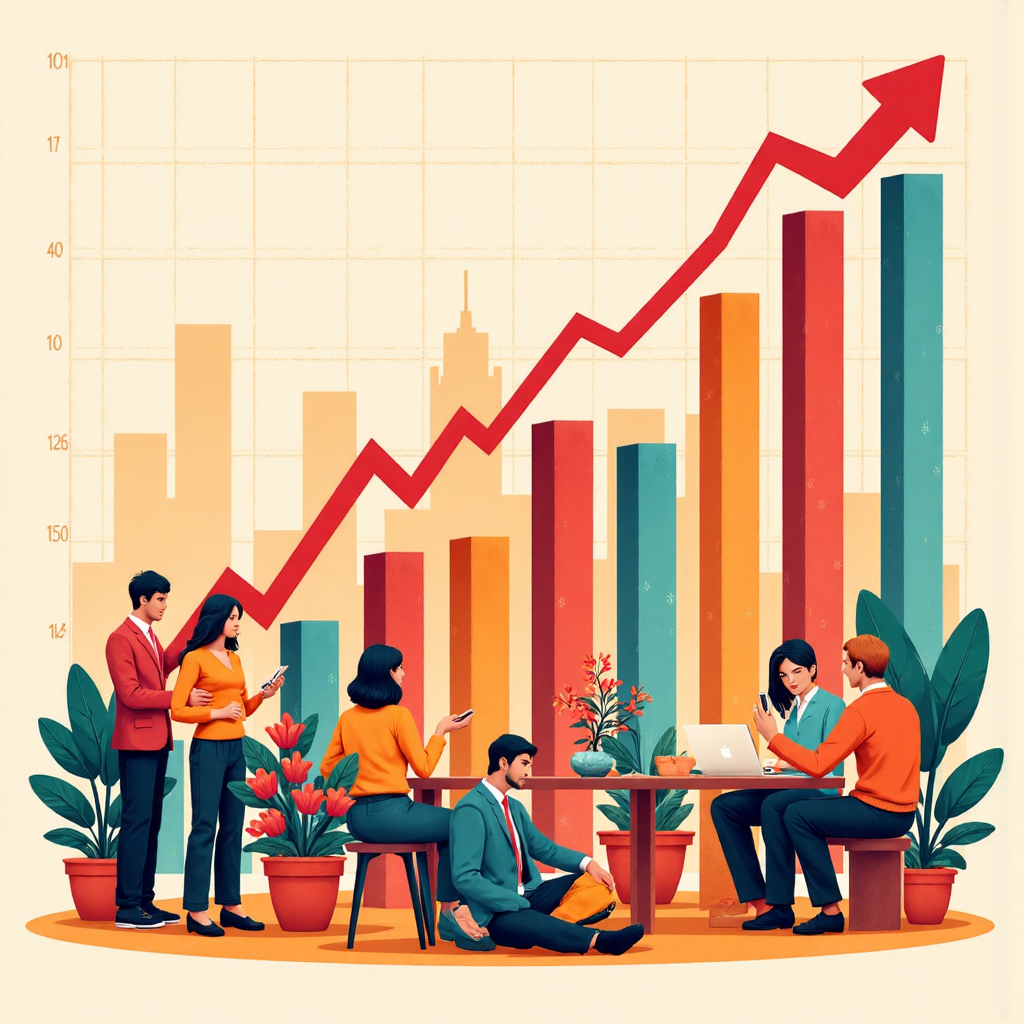 向上趨勢價格和成交量柱狀圖的風格化股票圖表像素藝術插圖