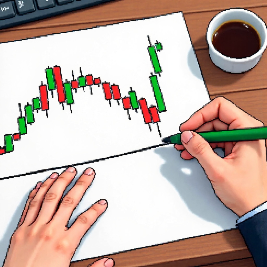 A close-up illustration of a hand drawing a clear upward trend line on a Heikin Ashi chart showing strong green candles transitioning smoothly past choppy red candles on a desk with a coffee cup