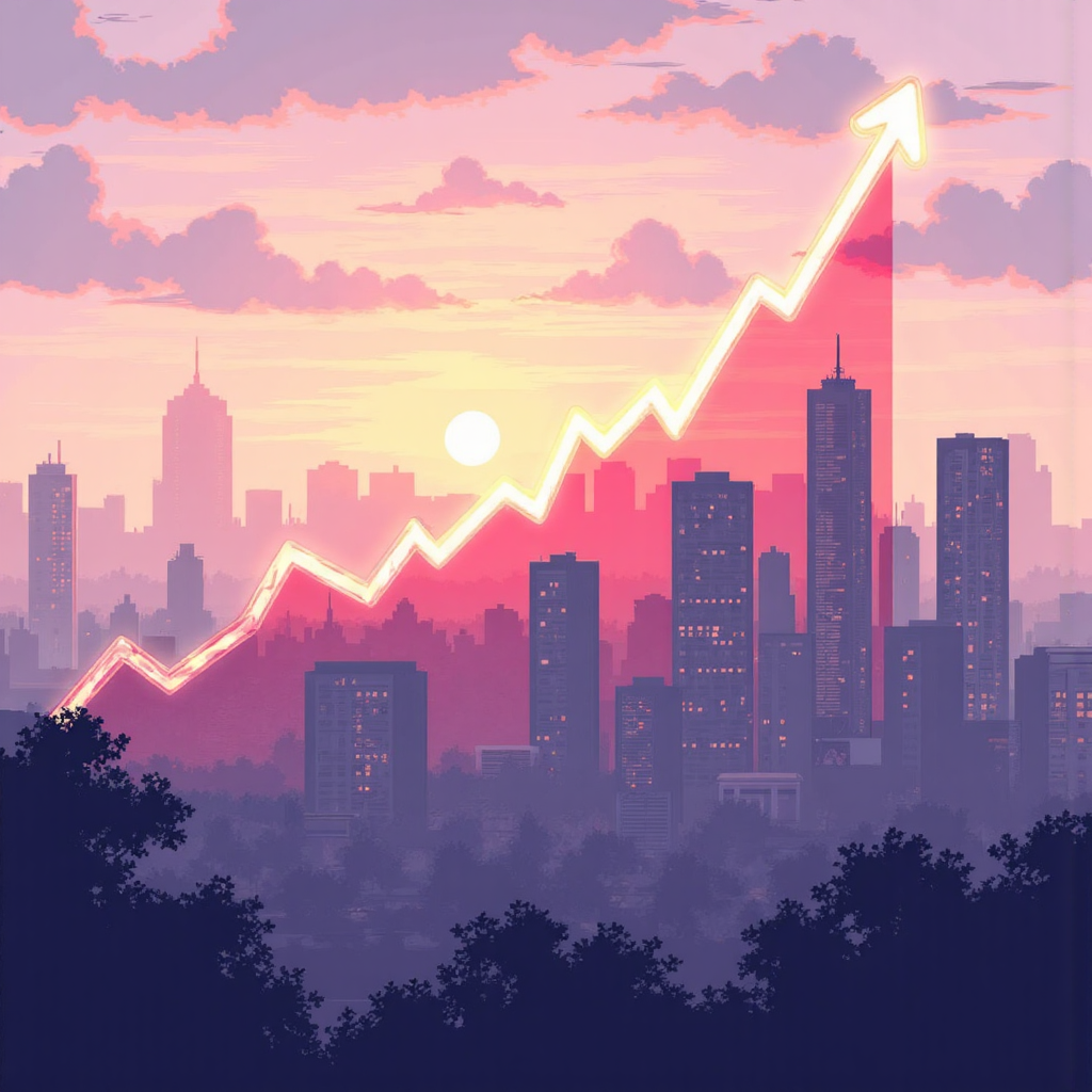 ภาพประกอบแนวโน้มราคาขึ้นสว่างไสวทับซ้อนกับเส้นขอบฟ้าของเมืองยามรุ่งสาง สีพาสเทลอ่อนโยนที่สื่อถึงความหวังและความชัดเจนใน Weighted Moving Average