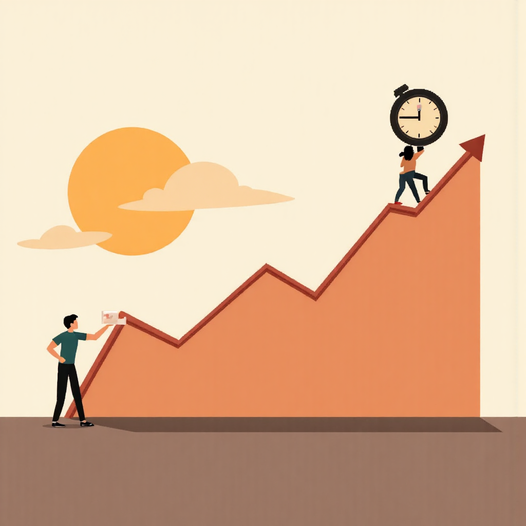 像素藝術風格的股票市場圖表與盤前交易時鐘，象徵預市場交易時段的柔和日出光芒與大地色調