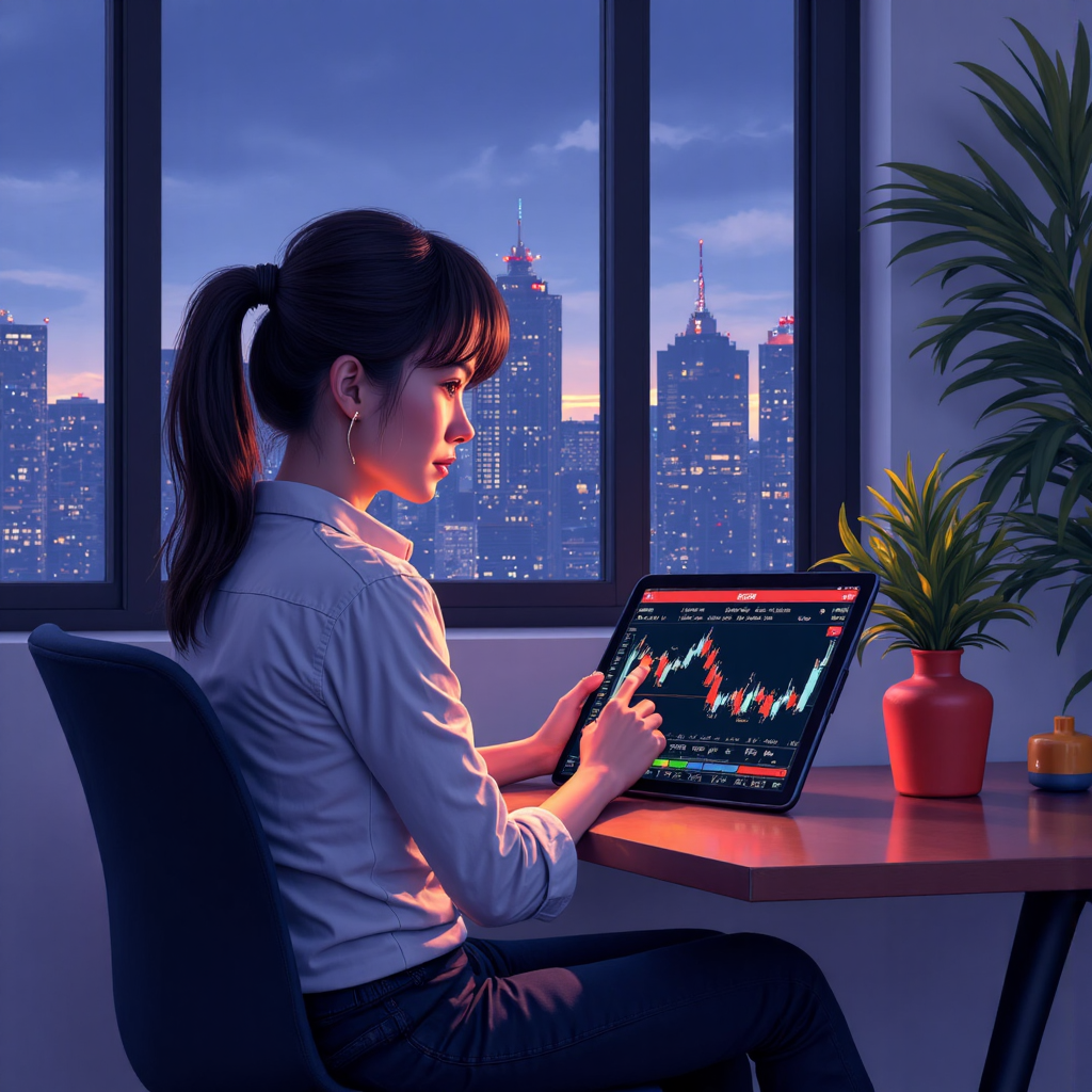 Taiwanese investor looking at a glowing tablet screen showing US stock futures charts in a modern room