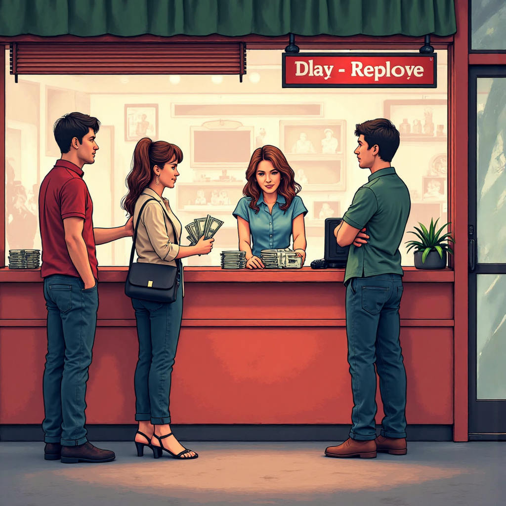 charming cartoon illustration of people exchanging australian dollars for thai baht at a brightly lit currency exchange counter with helpful staff offering advice