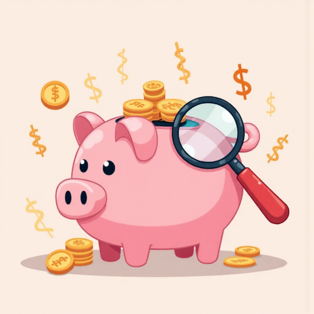 像素藝術風格的存錢罐透過放大鏡檢查內容,背景有輕微通貨膨脹波紋,呈現異想天開的粉彩調性與柔和光線