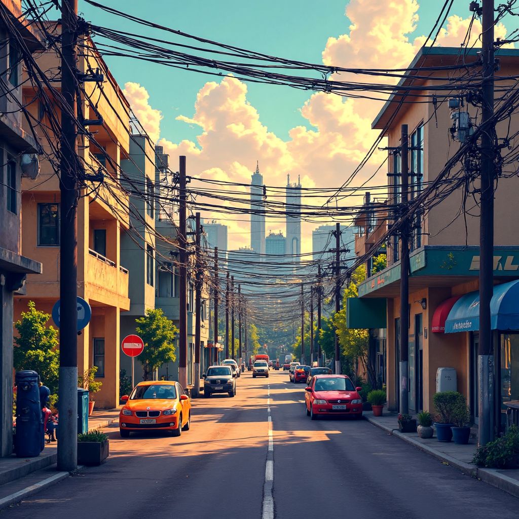 A vibrant illustration depicting the industrial applications of non-ferrous metals in Thailand featuring stylized scenes of car manufacturing electrical grids and modern architecture illuminated by warm natural light