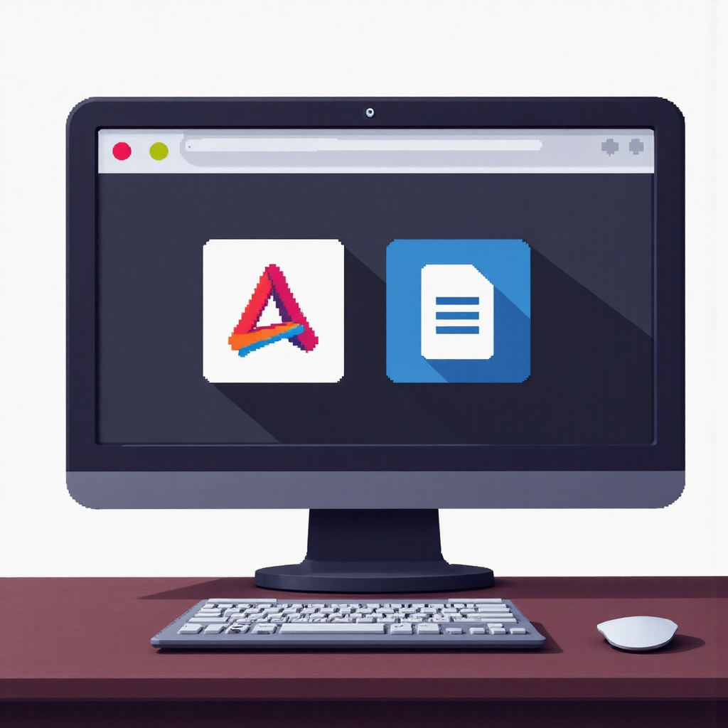 a computer screen displaying vector graphics a logo design and a file icon in an illustrative style
