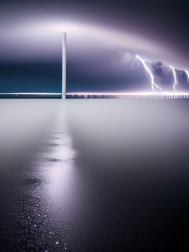 White Lightning striking a black umbrella floating on top body of water sky of clouds in a mist of fog <dreamlike> <darkvoyage>
