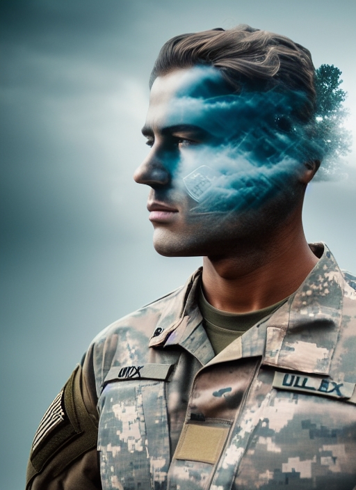 double exposure photograph of a soldier in full gear dublex style (((exceptional quality, UHD, 8K)))  [[[lowres, bad anatomy, bad hands, text, error, missing fingers, extra digit, fewer digits, cropped, worst quality, low quality, normal quality, jpeg artifacts, signature, watermark, username, blurry]]], dreamlike style
