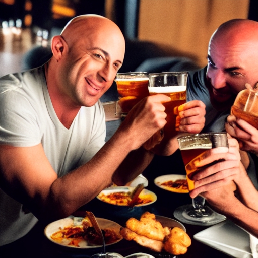 a bald guy named Rocks enjoying an evening of drinks and wings with his buddies while watching bad movies
