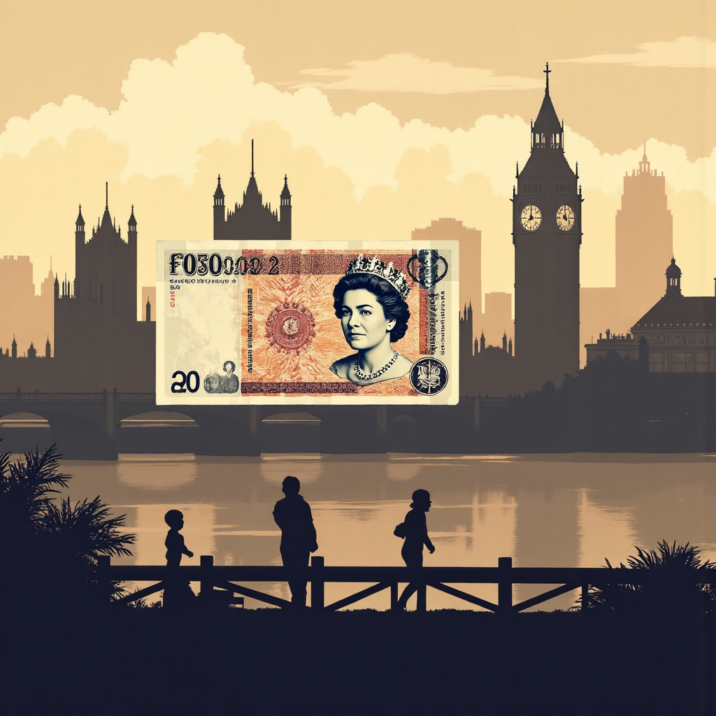 illustration of a classic british pound sterling banknote with a subtle watermark of queen elizabeth ii in a warm golden light against a backdrop of london skyline skyscrapers and misty clouds