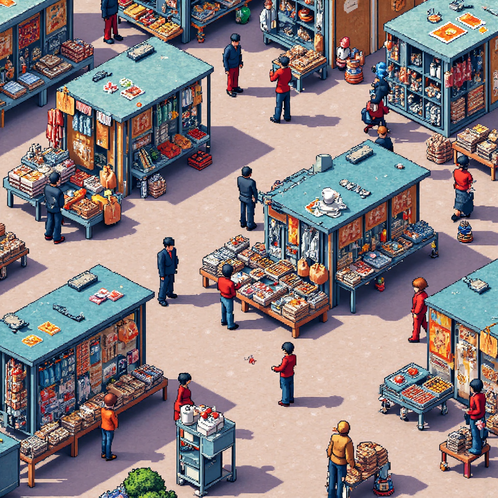 熱鬧市場俯瞰插圖，攤位展示從電子產品到雜貨的各種商品，人們交換物品與數位貨幣符號輕柔飄浮的像素藝術風格