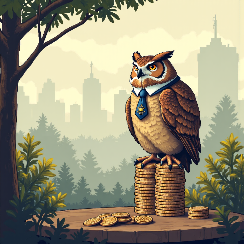 ภาพนกฮูกนักลงทุนนั่งบนกองเหรียญสกุลเงินสังเกตตลาดผันผวนเพื่อหาคุณค่าที่ซ่อนอยู่