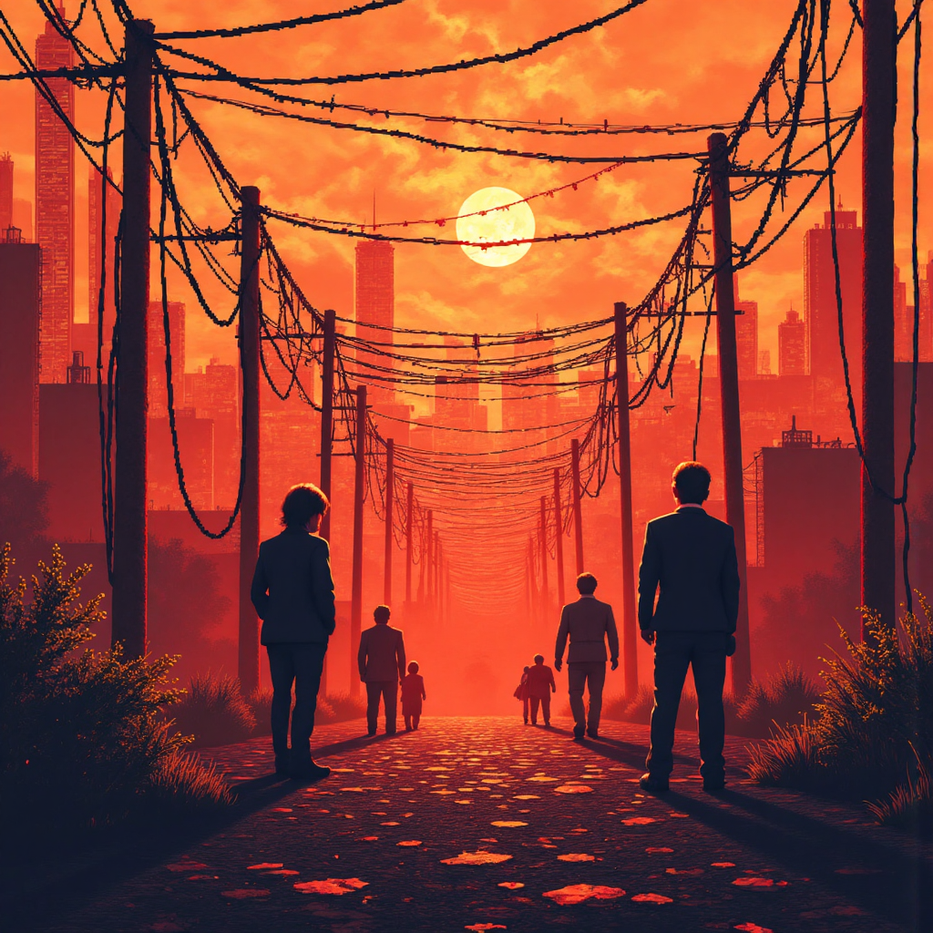 全球金融網絡壓力下的像素藝術：裂痕與擔憂人物的互聯風險示意圖