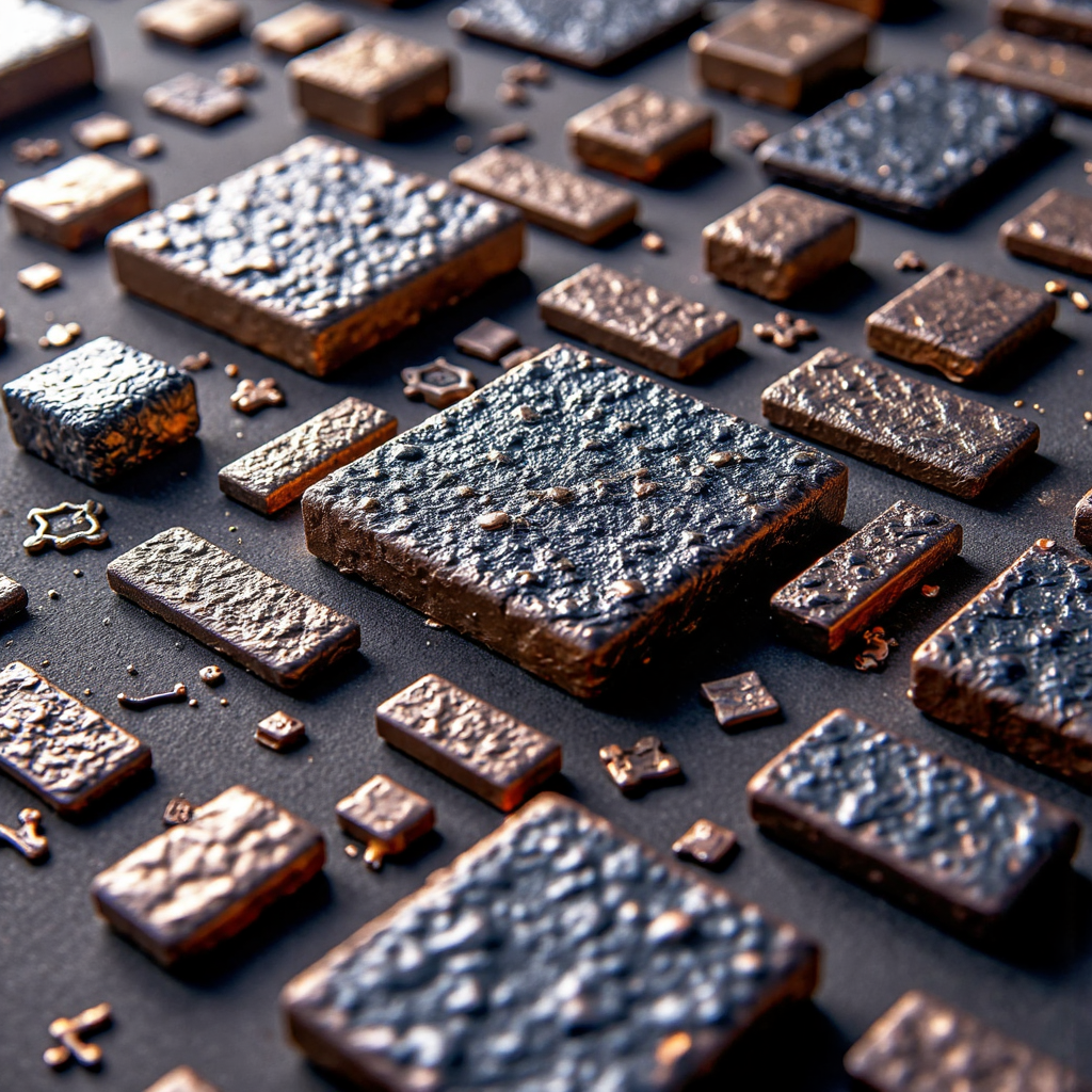 illustrative depiction of various metallic elements arranged abstractly with soft ambient lighting highlighting their distinct textures and sheens