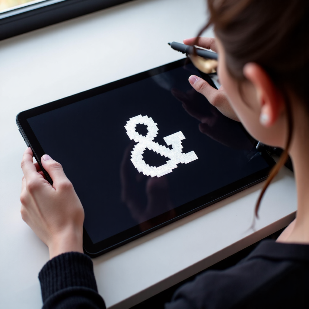 นักออกแบบกราฟิกสมัยใหม่กำลังผสานสัญลักษณ์ Ampersand เข้ากับโลโก้บริษัทบนแท็บเล็ตดิจิทัล ในบรรยากาศสตูดิโอแสงนุ่มนวลและสีสันมินิมอล