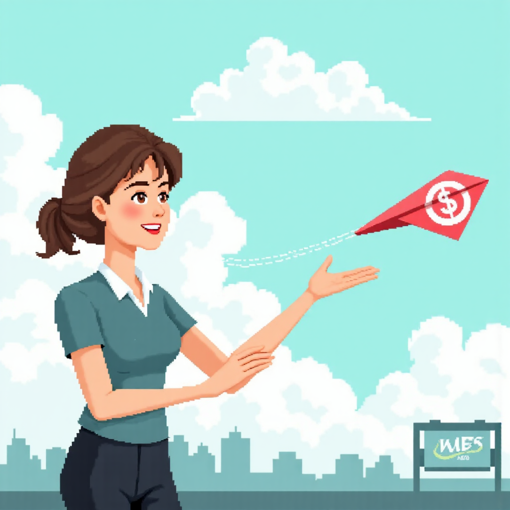 一個人自信地從手中釋放代表股票的小紙飛機，飛向晴朗天空中的遙遠目標標記，象徵獲利銷售目標