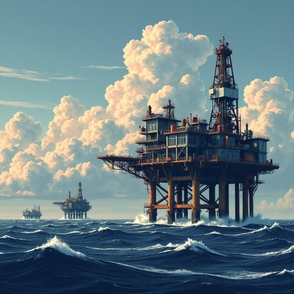挪威早期石油勘探的像素藝術插圖，描繪海上平台在風暴海面下的探索場景
